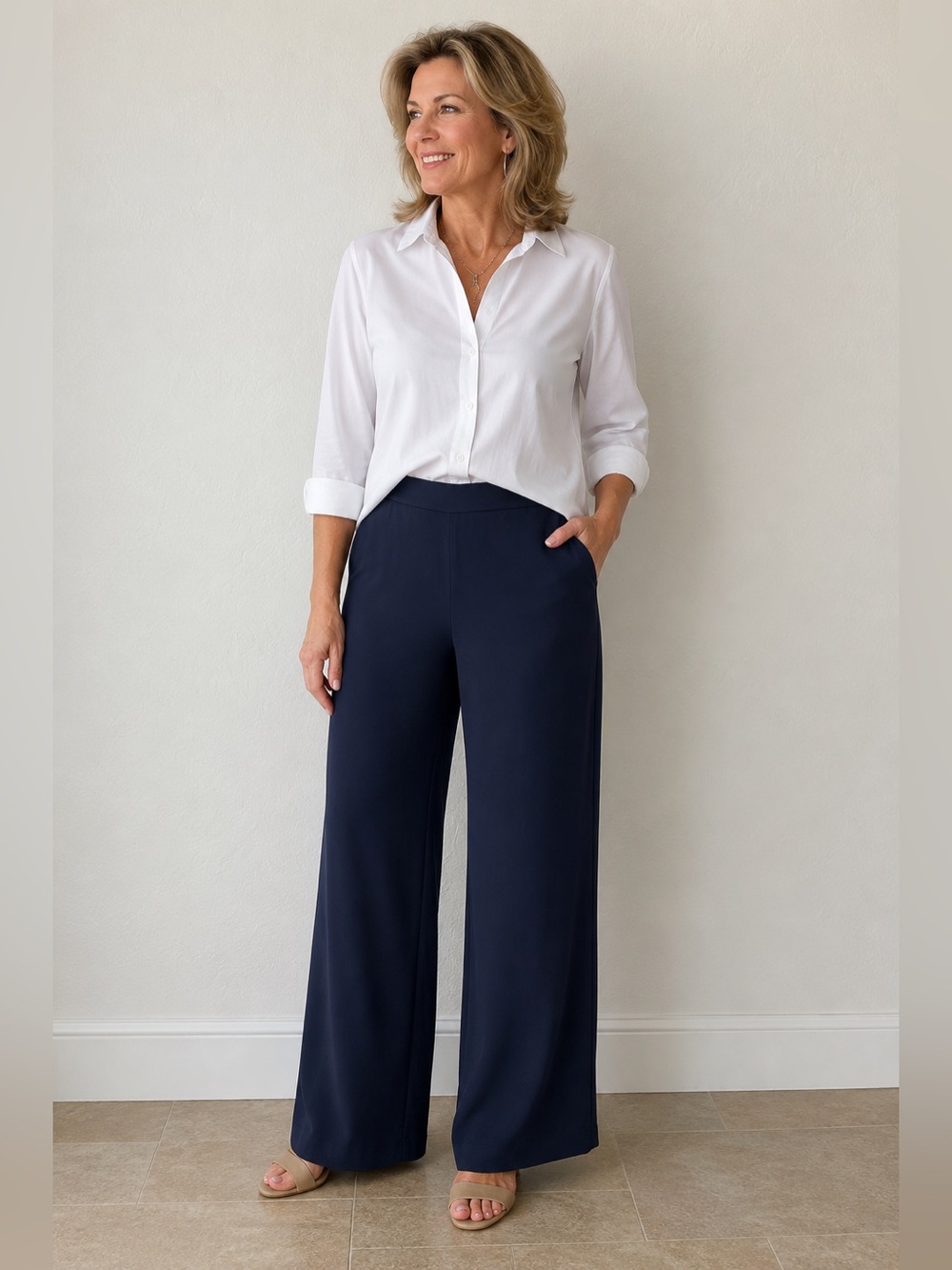 CHICO’S Women’s Size 4R Navy Blue Lightweight Pull-On Wide Leg Pant